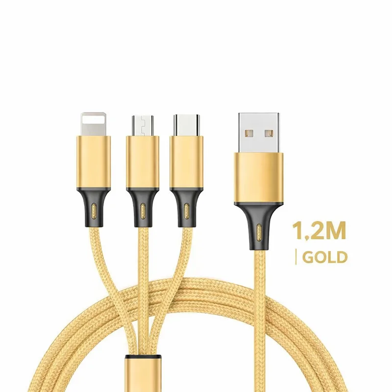 3-in-1 snellaadkabel voor iPhone, Xiaomi, USB-C, Micro USB, 1,2 m multi-poort USB-oplaadkabel voor telefoons, tablets en apparaten