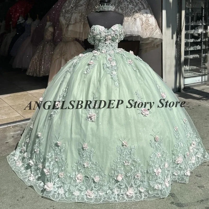 ANGELSBRIDEP abiti Quinceanera verde menta scintillante dolce 16 abiti 3D fiore Applique pizzo Tulle abiti 15 De quinceasenera nuovo