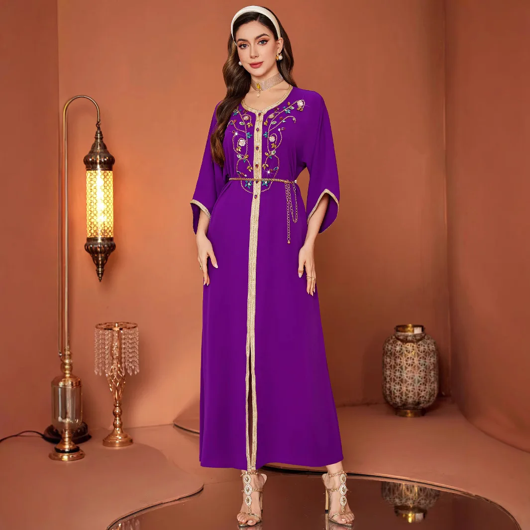 Muslim 2026 New Fashion Women Purple O-neck Long Sleeve Ankle Length Casual Trendy Elegant Dresses Female Arabian Clothes Abaya