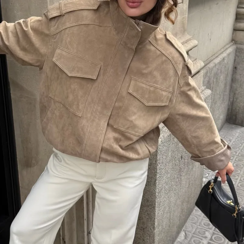 Stand Collar Faux Leather Jacket Epaulet Decor Multi Patch Pockets Elastic Hem Long Sleeve Loose Women Casual Outerwear 260901