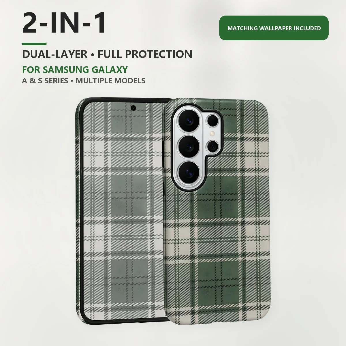 Green Plaid Pattern 2-in-1 Dual-Layer Phone Case for Samsung Galaxy S26 S25 S24 S23 S22 S21 Plus Ultra FE S20 FE A56 A17 A16 A15