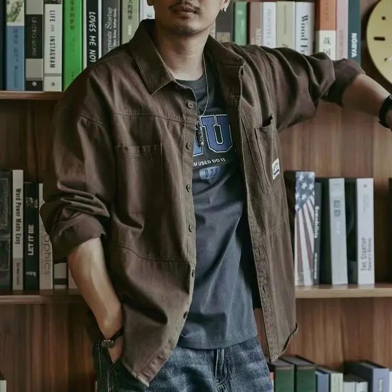 Spring Autumn New Fashion Turn-down Collar Long Sleeve Solid Blouse Men's Clothing Pockets Button American Style Trend Shirts