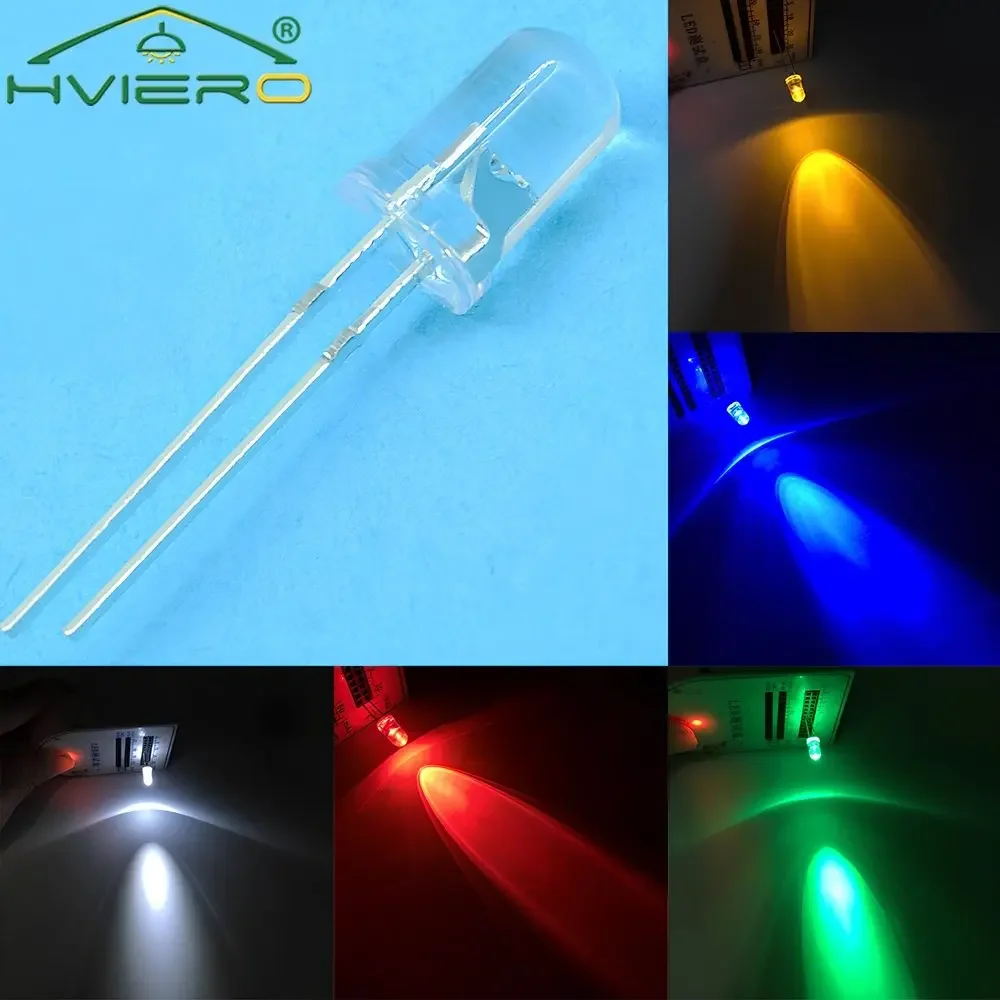 100X F5 5mm Round White Red Green Blue Yellow Pink Water Clear Diode Led Super Bright Ligte Emitting Diodes 6000-6500k Lamp Bulb