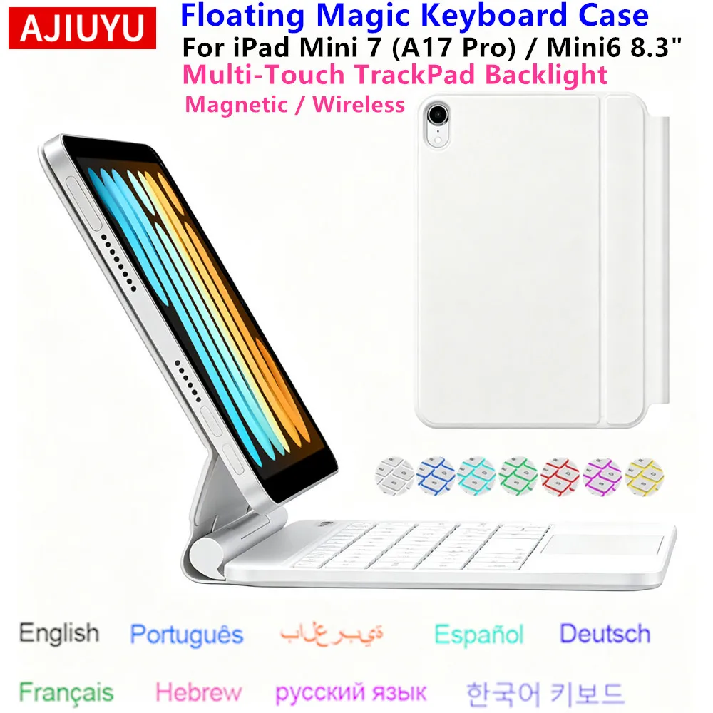 AJIUYU Magic Keyboard Case for iPad Mini 7 (A17 Pro) / mini 6 Smart Cover Spanish Portuguese Hebrew Korean 한국어 Keyboard Folio
