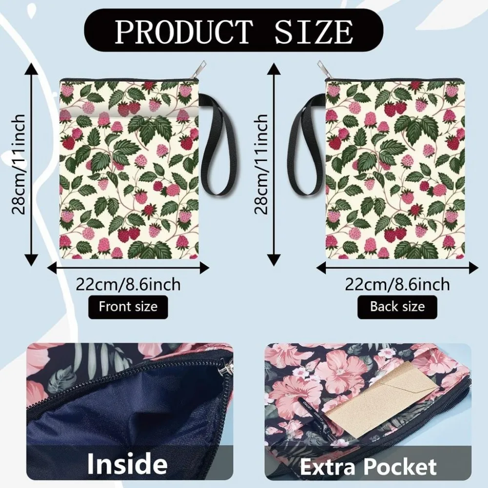 Raspberry Book Sleeve Waterproof Fruit Books Cover Pouch Washable Zipper Cloth Paperback Protector Case 11 x 8.6 Retro Notebook