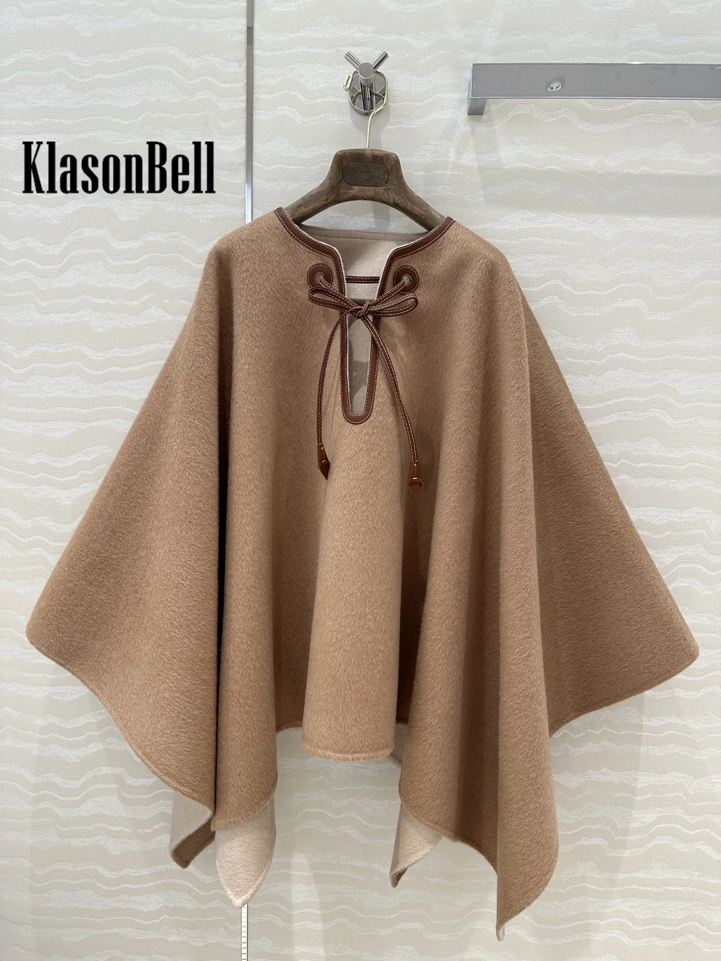 9.21 KlasonBell Women\'s Fashion Genuine Leather Lace-up Decoration Shawl Capes Elegant Keep Warm Cashmere Asymmetric Coat