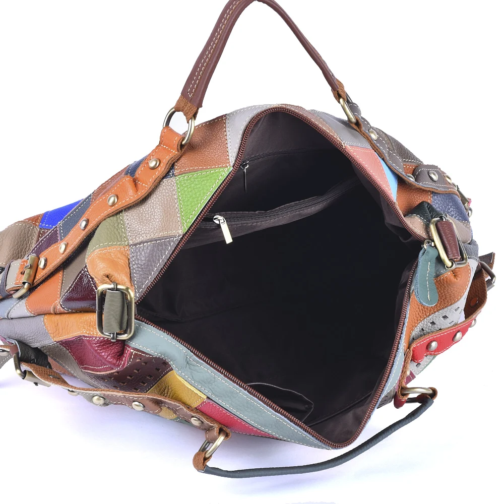 Colorful Stripe Pattern Clash Large Capacity Single Shoulder Crossbody Genuine Leather Cowhide Ladies Tote Bag