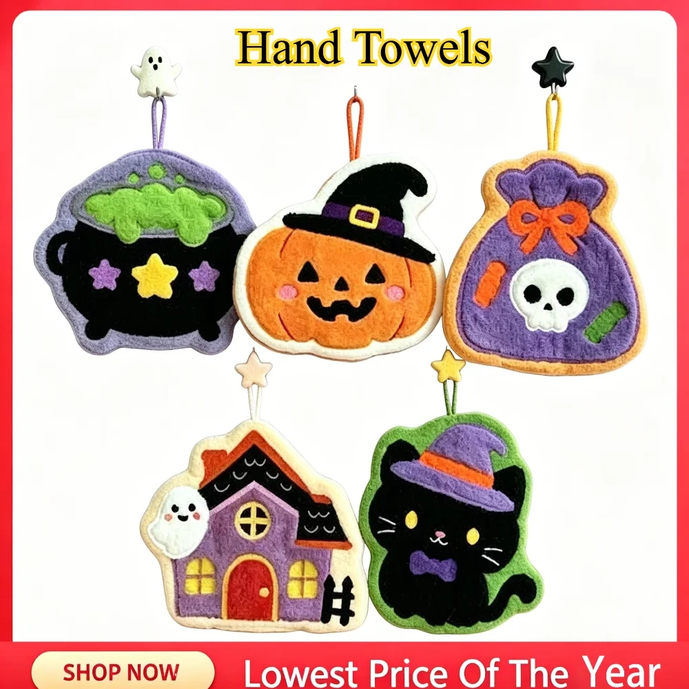 Halloween Black Cat Hand Towel Cute Cartoon Pumpkin Ghost Hand Towels Handkerchief Soft Absorbent Kitchen Towel Home Party Decor
