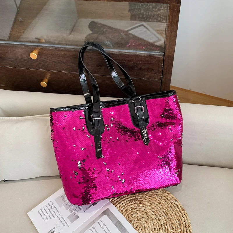 Sequin fashion single shoulder big bag shiny lady shopping bag personality large capacity Tote bag portable simple bright bag