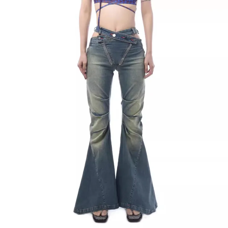 ANJY Herfst Nieuwe Vrouwen Chic Flared Jeans Slim Fit Hollow Out Geplooide Hoge Taille Streetwear Trendy Verontruste Denim Broek A10069