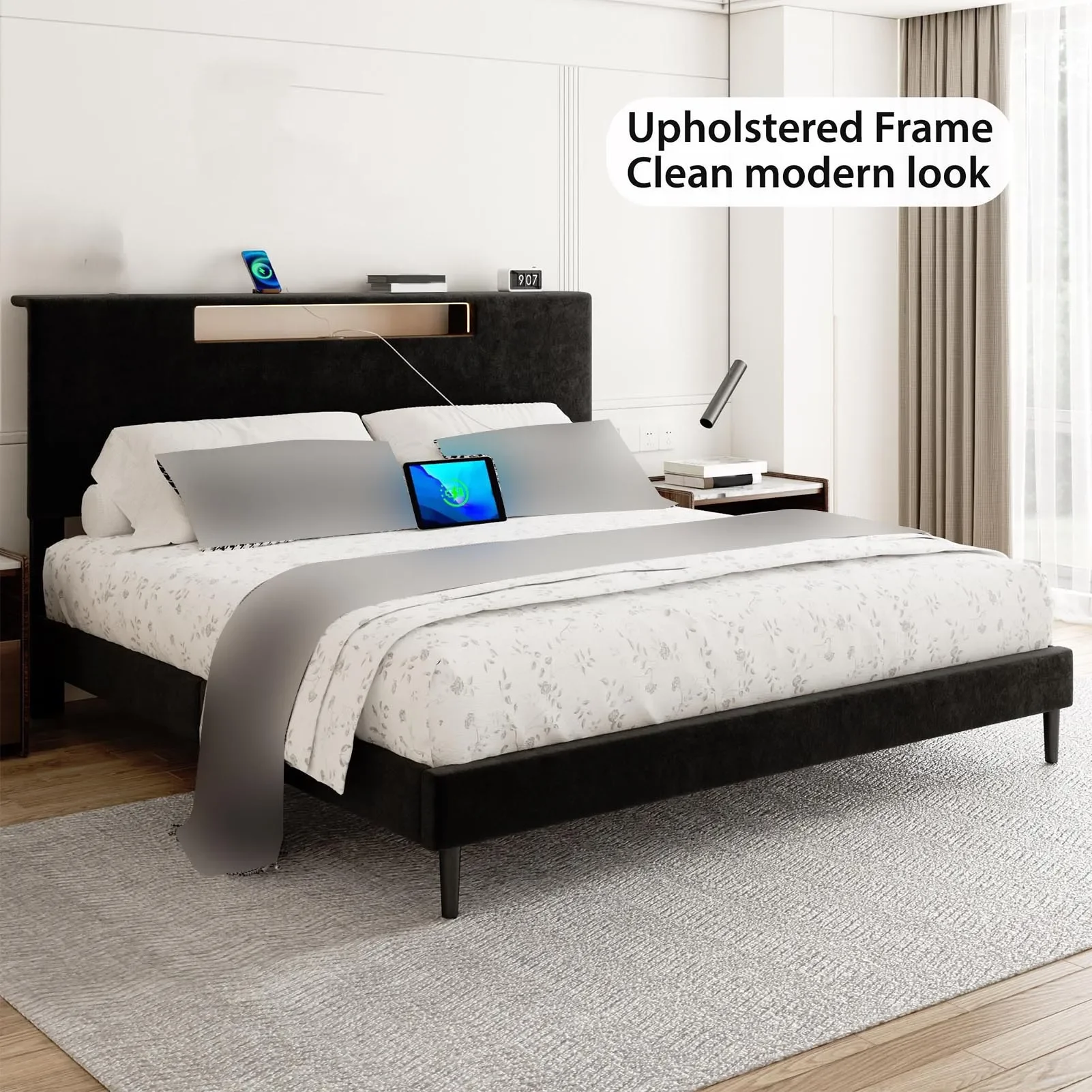 

QUEEN Size Black Bed Frame w/Headboard - Charging Station, Remote LED Light, Flannel Wood Slats, Easy Assembly