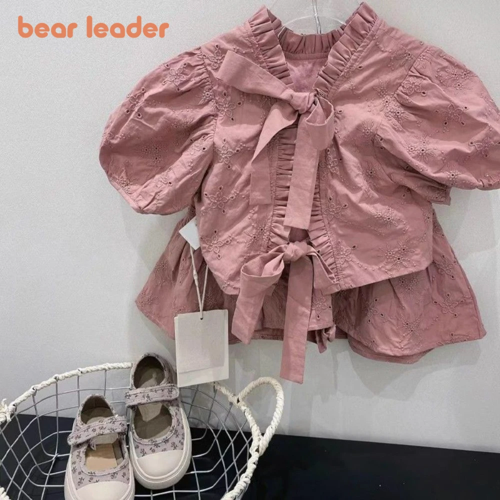 

Bear Leader 2025 Summer New Girl Clothes Pink Bubble Sleeves Round Neck Top+Skirt 2-Pcs Set Vacation Casual Children's Clothing