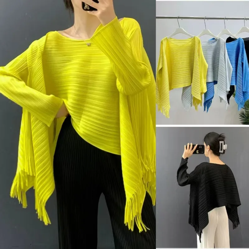 

Miyake Pleated T-shirt Fall New Tassel Big Hem Top A-line Loose Thin Top Female Design Sense Niche Long-sleeved Bottoming 2025