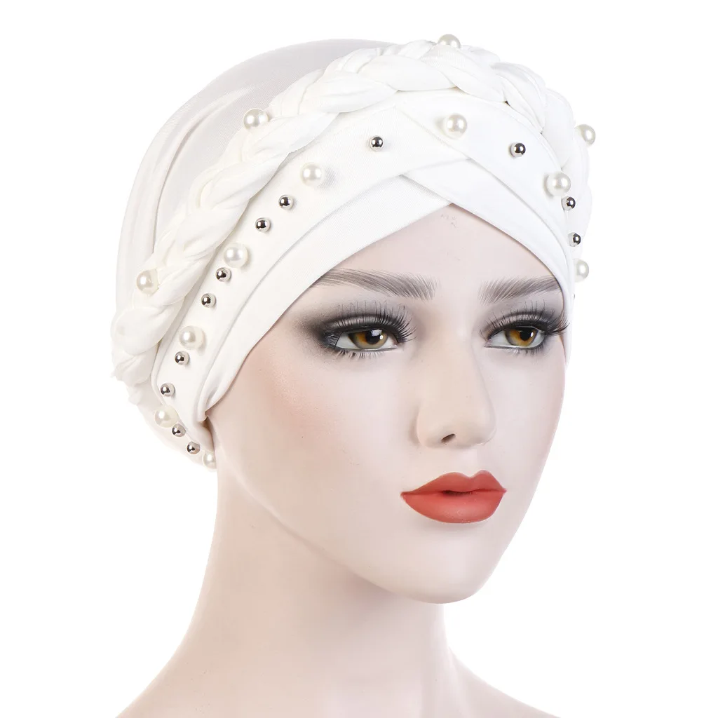 New  Braid Turban Hats Pretied Twist Pearl Beading Caps Chemo Beanies chemotherapy Headwrap Plated For Cancer Hair Loss Cover