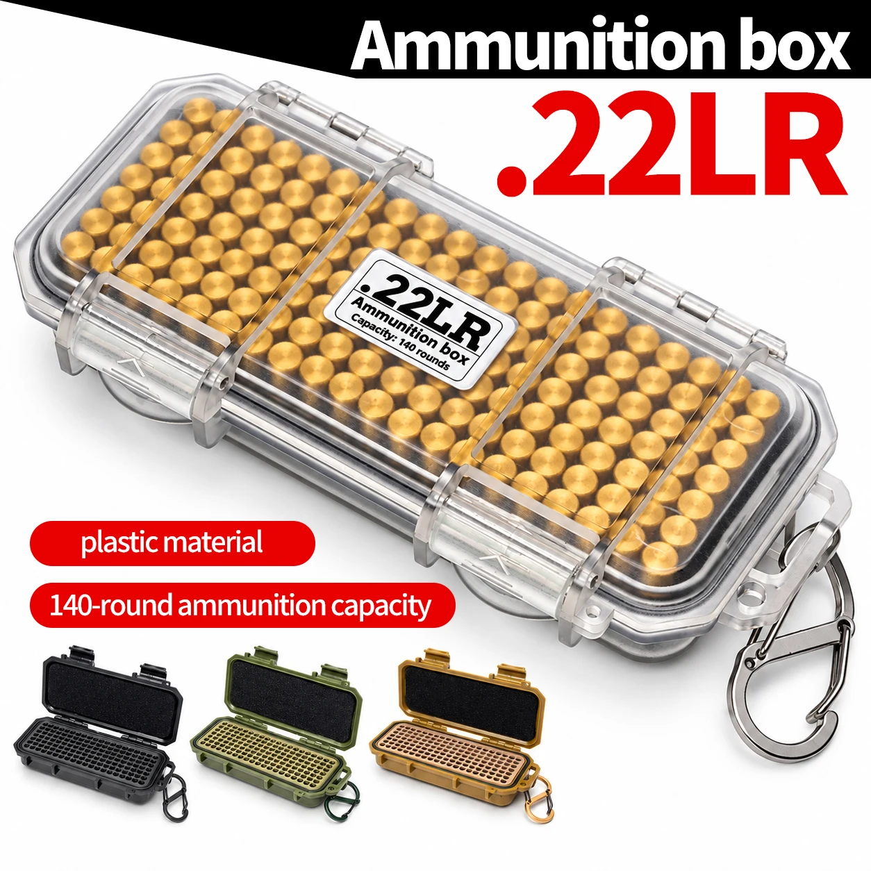 Boîte de rangement pour munitions calibre 22LR, capacité de 140 cartouches, fabriquée en plastique technique résistant aux chocs, disponible en plusie