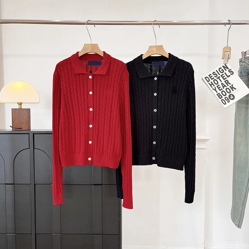Elegant American College Style Embroidered Neck Long Sleeve Cotton Yarn Twist Knitted Open Cardigan Top for Women Spring