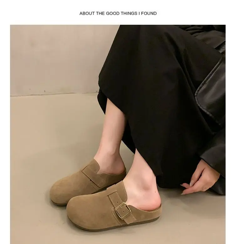 Damen-Wildleder-Pantoletten mit geschlossener Zehenpartie, verstellbare Schnalle, flache Clogs zum Überziehen, Retro-Freizeit-Outdoor-Schuhe ohne Rücken. – Detail 11
