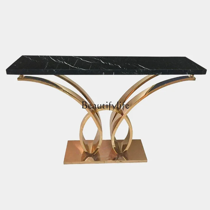 

ls 04Light luxury stainless steel entrance table, marble foyer mirror rose gold decoration case
