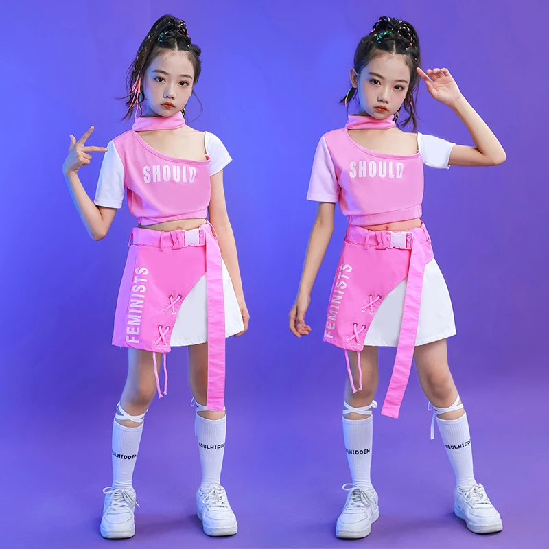 Mini jupe en Y pour enfants, vêtements de scène pour enfants, vêtements Hip Hop pour filles, vêtements de danse jazz, costume de rue pour adolescents, rose précieux