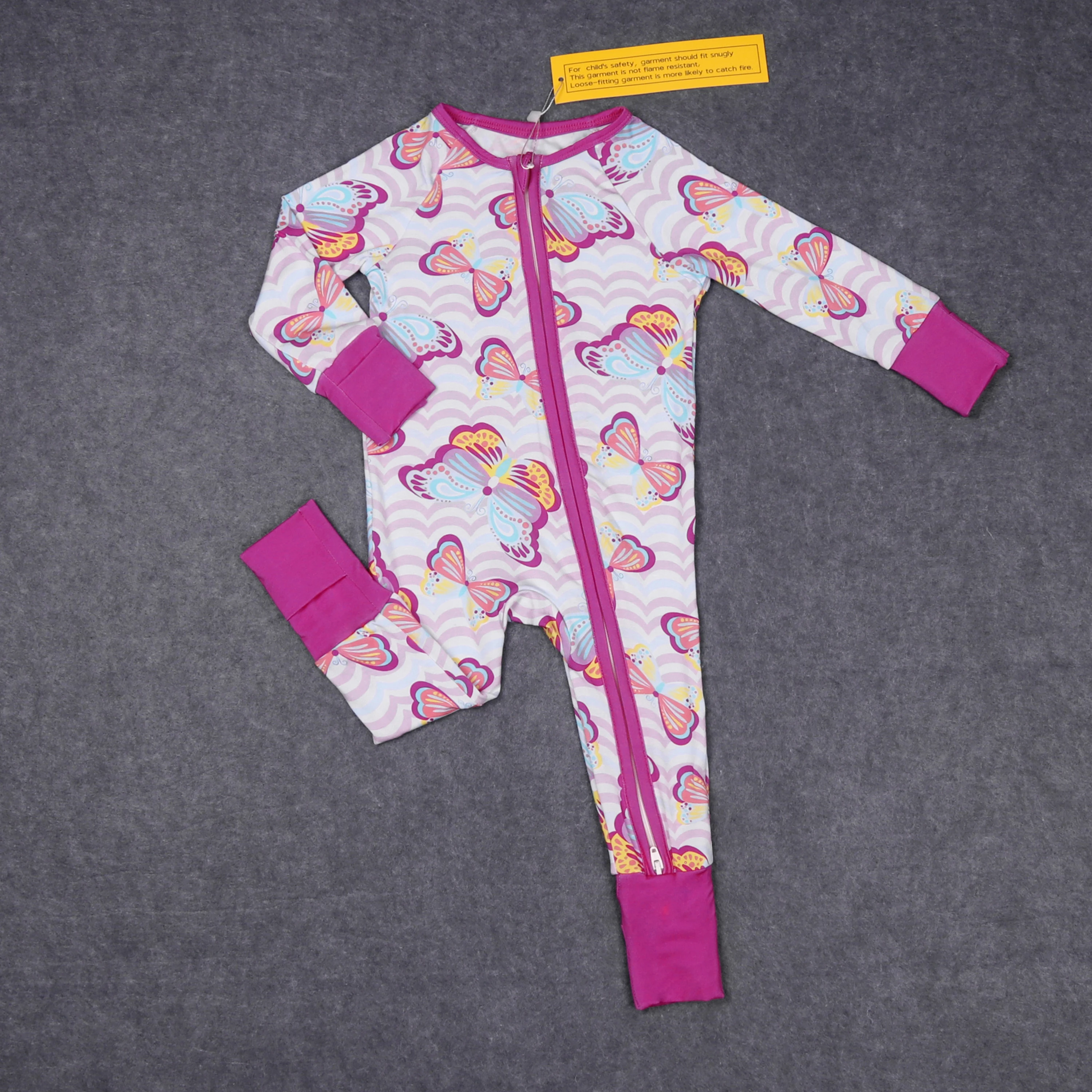 

Baby Bamboo Long Sleeve Girl Zipper Set Round Neck Butterfly Pattern Pink Kid Clothes And Pants Suit Match Zipper Romper Pajamas