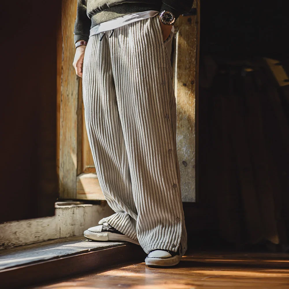 Maden Retro WARM Corduroy Snap-up Sweatpants หลวมเอวยางยืดกีฬาสบายๆขาตรงกางเกงฤดูใบไม้ร่วงสําหรับชายฤดูหนาวกางเกง