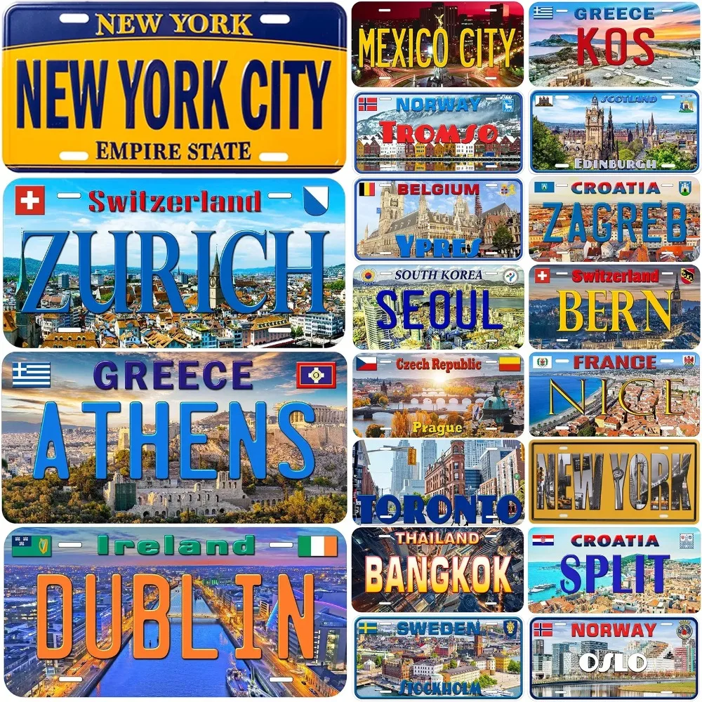 Vintage License Plates Decoration Signs for Car Front - New York Zurich Dublin Athens