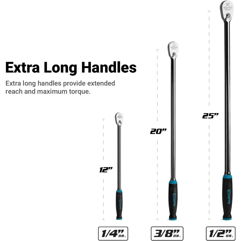 Fine 90-Tooth Extra Long Ratchet Set, Ergonomic Soft Grip, 1/4, 3/8, 1/2 in. Drive, 3-Piece