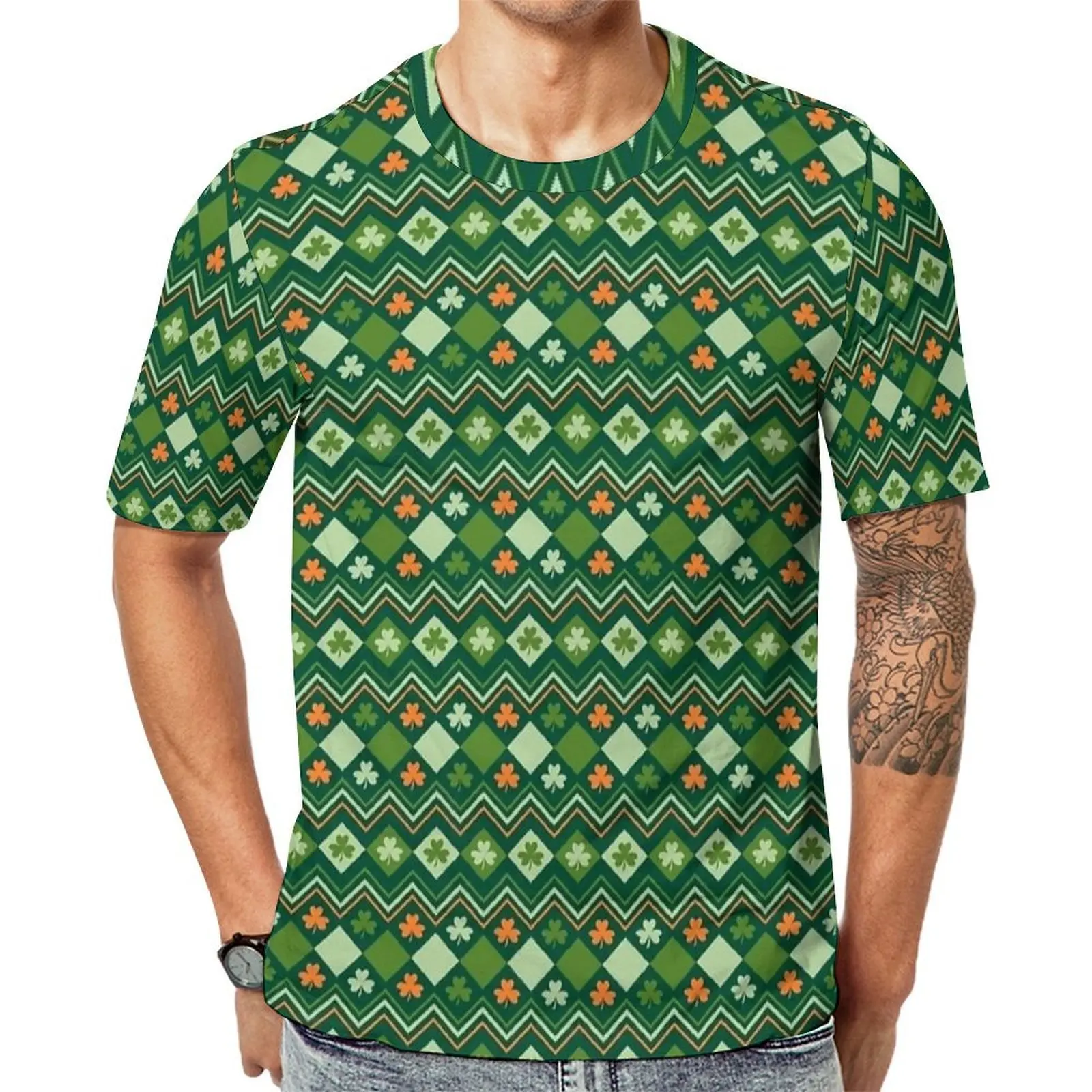 Irish Clover Chevron Print T-Shirt For Couple  Printed O Neck T-Shirts Summer Trendy Clothing Short Sleeve Oversized Tee Shirt