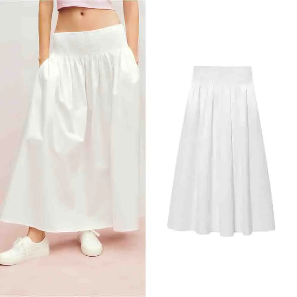 

Women's New Fashion Side Pocket Decoration Loose Comfortable White Poplin Midi Skirt Retro High Stretch Waist Women's Skirt