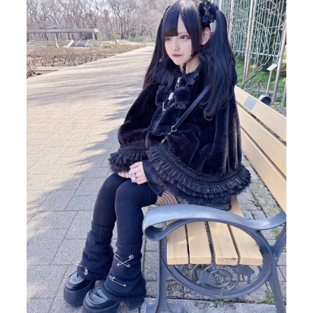 اليابانية الأصلي الخريف الشتاء رشاقته الصوف عباءة معطف ثقافة فرعية الصليب الماس الخرز القوس فضفاض المرأة مقنعين معطف الرأس #1