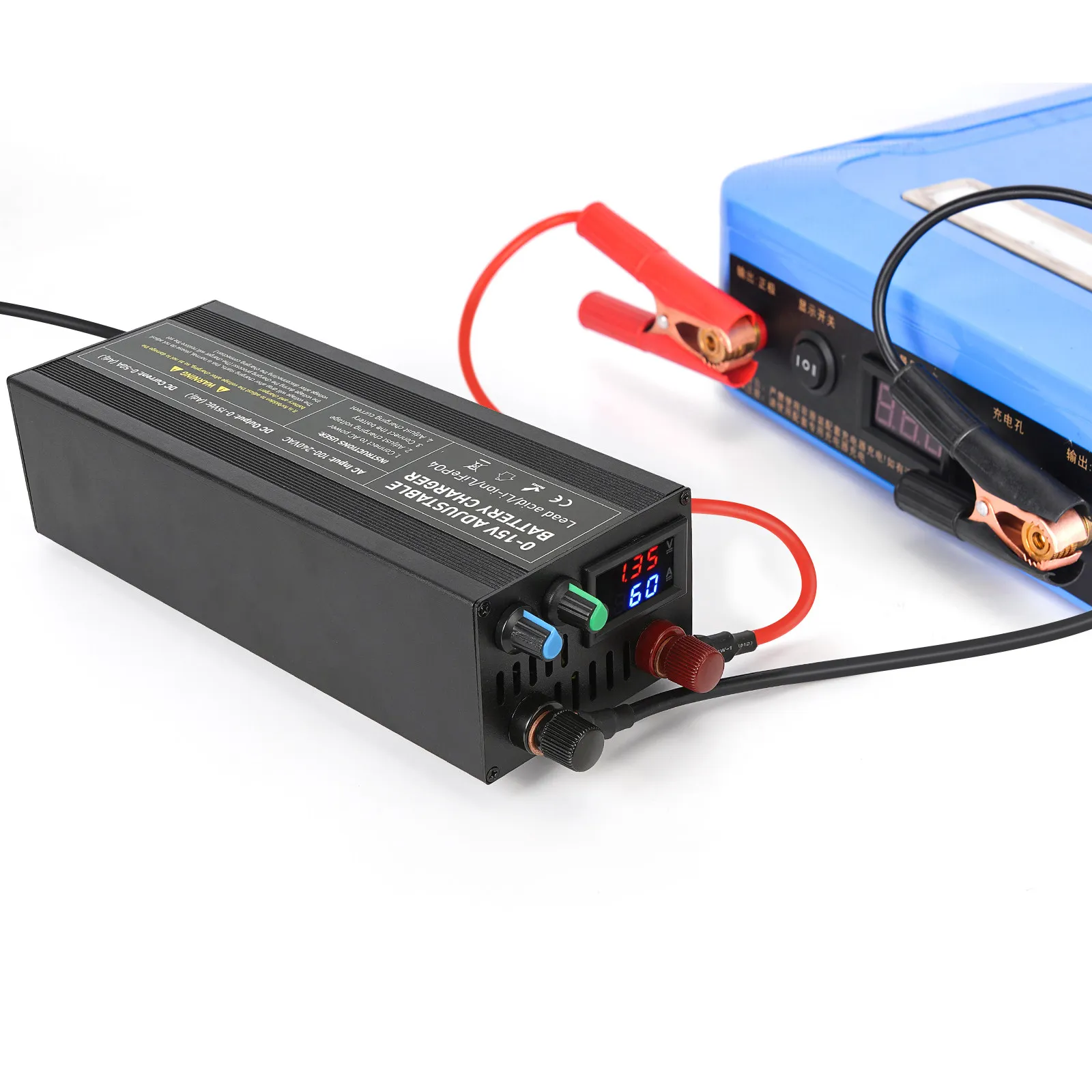 14.6V 60A/85A Adjustable LiFePO4 Charger Adapter for 12V Lithium with Voltage/Current Control, Anderson Clips