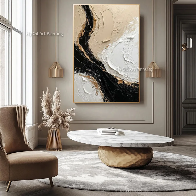 Palette Knife Handmade Marble Flow Abstract Canvas Art, Raised Texture Gold Leaf Painting, Modern Entryway Wall Decoration