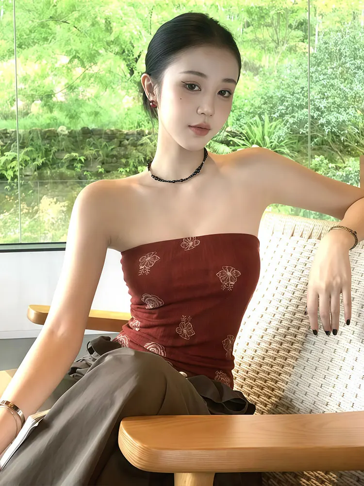 

Bohemian Minimalist Floral Printed Bandeau Top Women Textured Knit Fitted Crop Top Girls Y2K Fairycore Summer Vest