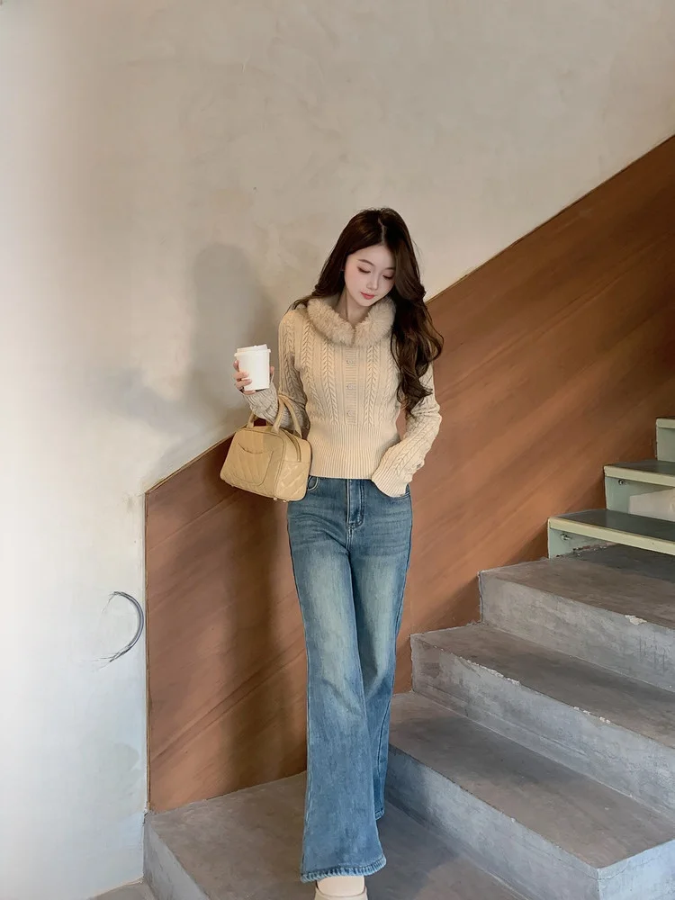 

Корейские джинсы-клеш с высокой талией для женщин, зимние утепленные джинсовые брюки с флисовой подкладкой, повседневные прямые брюки