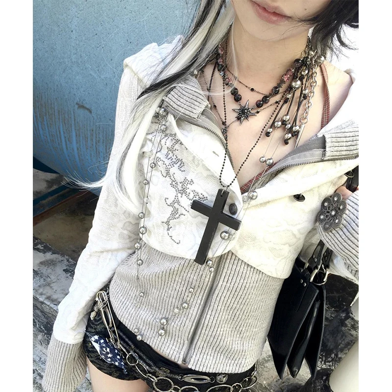 

Y2K Hooded Knitted Cardigan Women Harajuku Cropped Print Black Sweater Outerwears Gothic Grunge Zipper Knitwears Winter Jumpers