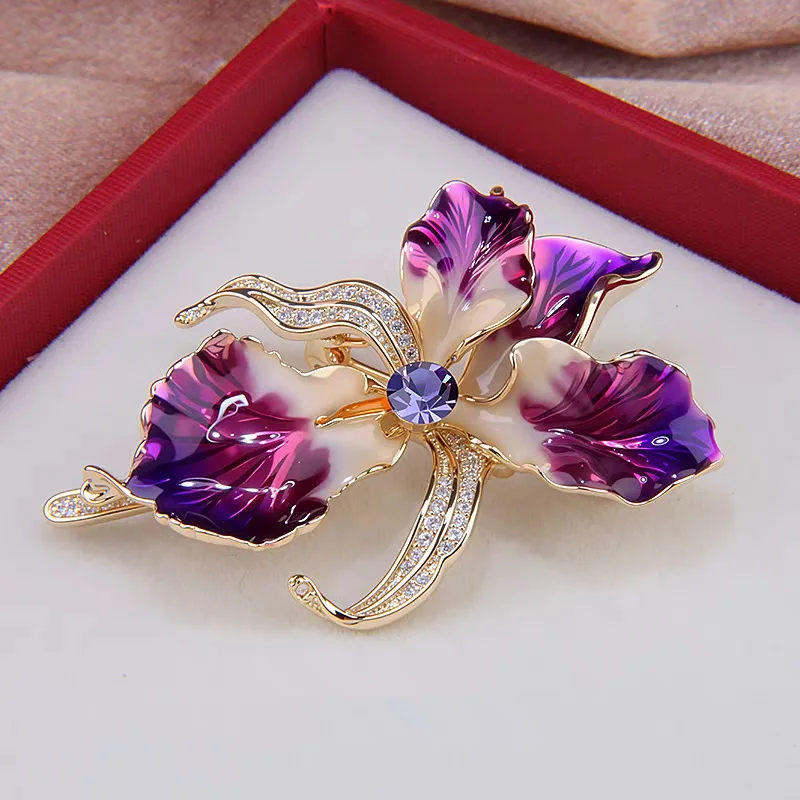 Brooch Enamel Iris Flower with Micro Set Zircon Elegant French Premium Lightweight Clasp for Women Jacket Scarf Bag Party