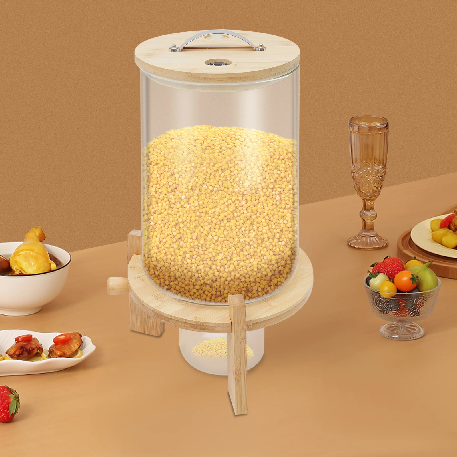 

Cereal Dispenser, Cereal Containers Storage, Pantry Organization, 7.5L Glass Stainless Steel Bamboo, Round Tabletop, for Rice Flour Nuts Coffee Beans Sweets Cereals Pet Food, Clear Log Color