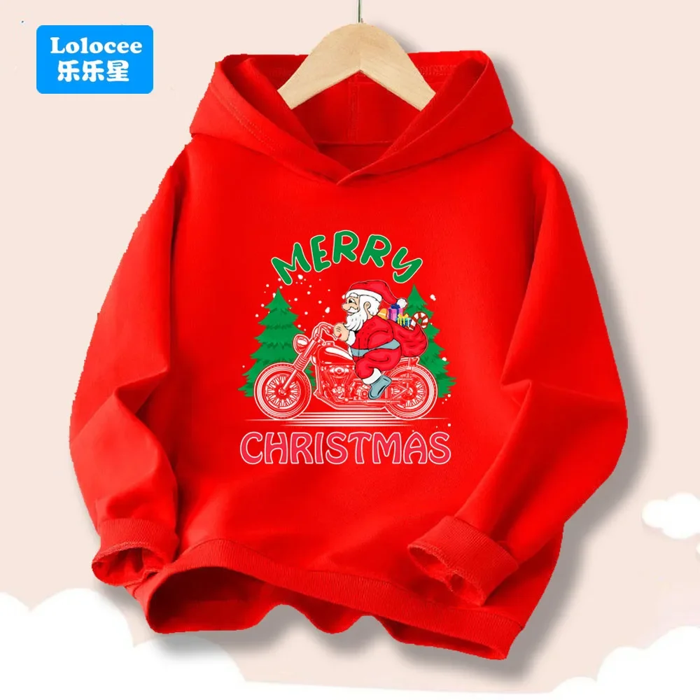 Kids Merry Christmas Biker Santa Hoodie，Cool Motorcycle Santa Print Xmas Pullover Hooded Sweatshirt Casual Holiday Gift SDLR1