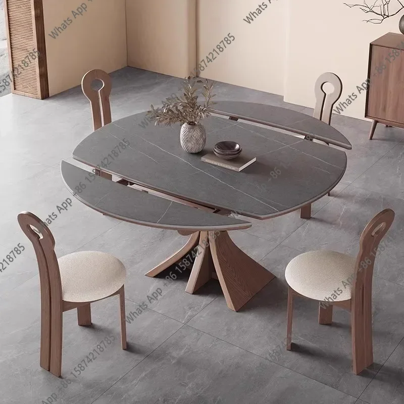 43K X Rock Slab Solid Wood Dining Table Variable Round Table Antique Household Small Apartment 2025 New Telescopic Folding Round
