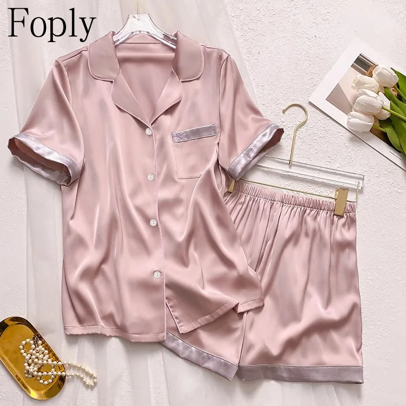 Pocket Heart Print Women Pajamas Set Spring Summer 2 Piece Pyjama Satin Silk Sleepwear Shortsleeve Shorts Pijama Pjs Loungewear