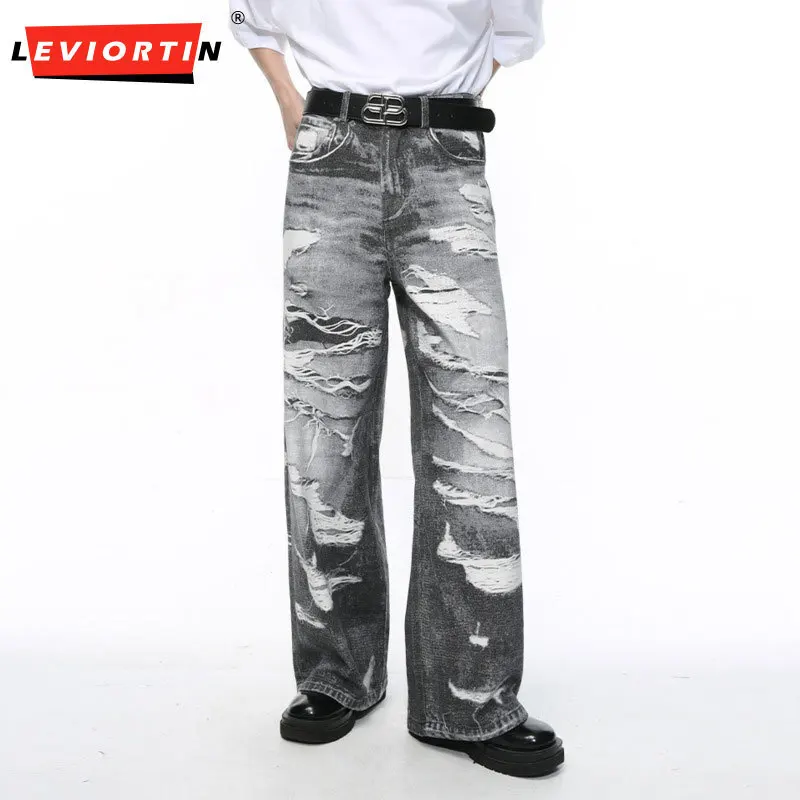 2024 Spring New Product Men's Fashion Casual Pocket Zipper Trendy Street Wind Piercing Design Loose Washed Straight leg Jeans