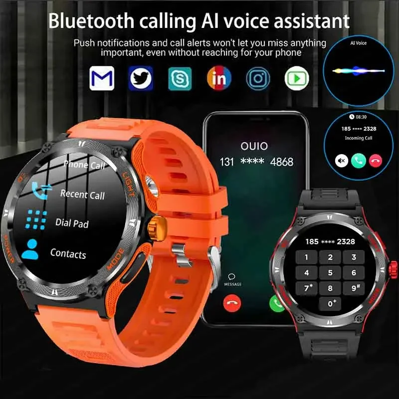 Montre intelligente militaire étanche pour homme, lumière LED, écran HD AMOLED, boussole de fréquence cardiaque, appel Bluetooth, 3iko, extérieur, nouveau, 2021