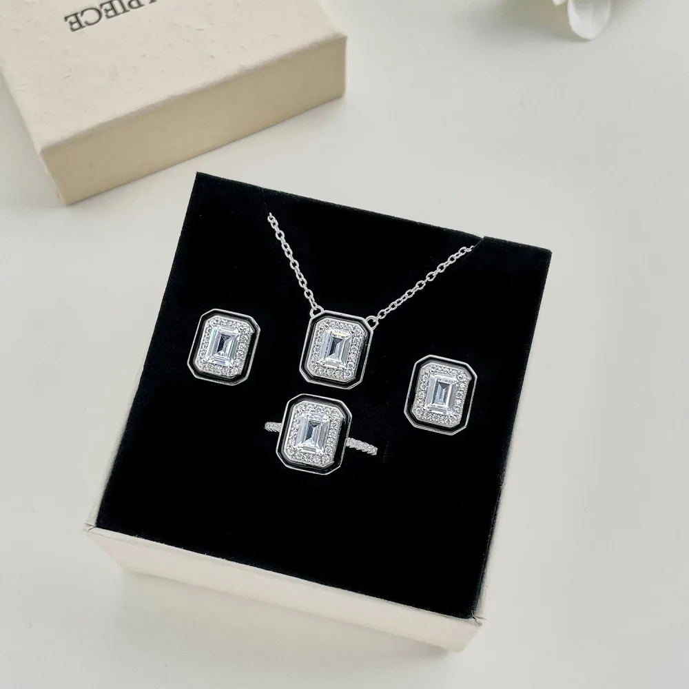 S925 Sterling Silver Luxury Jewelry Black Onyx Necklace Ring Earring Set Square Emerald Cut Elegant Women Jewelry Set