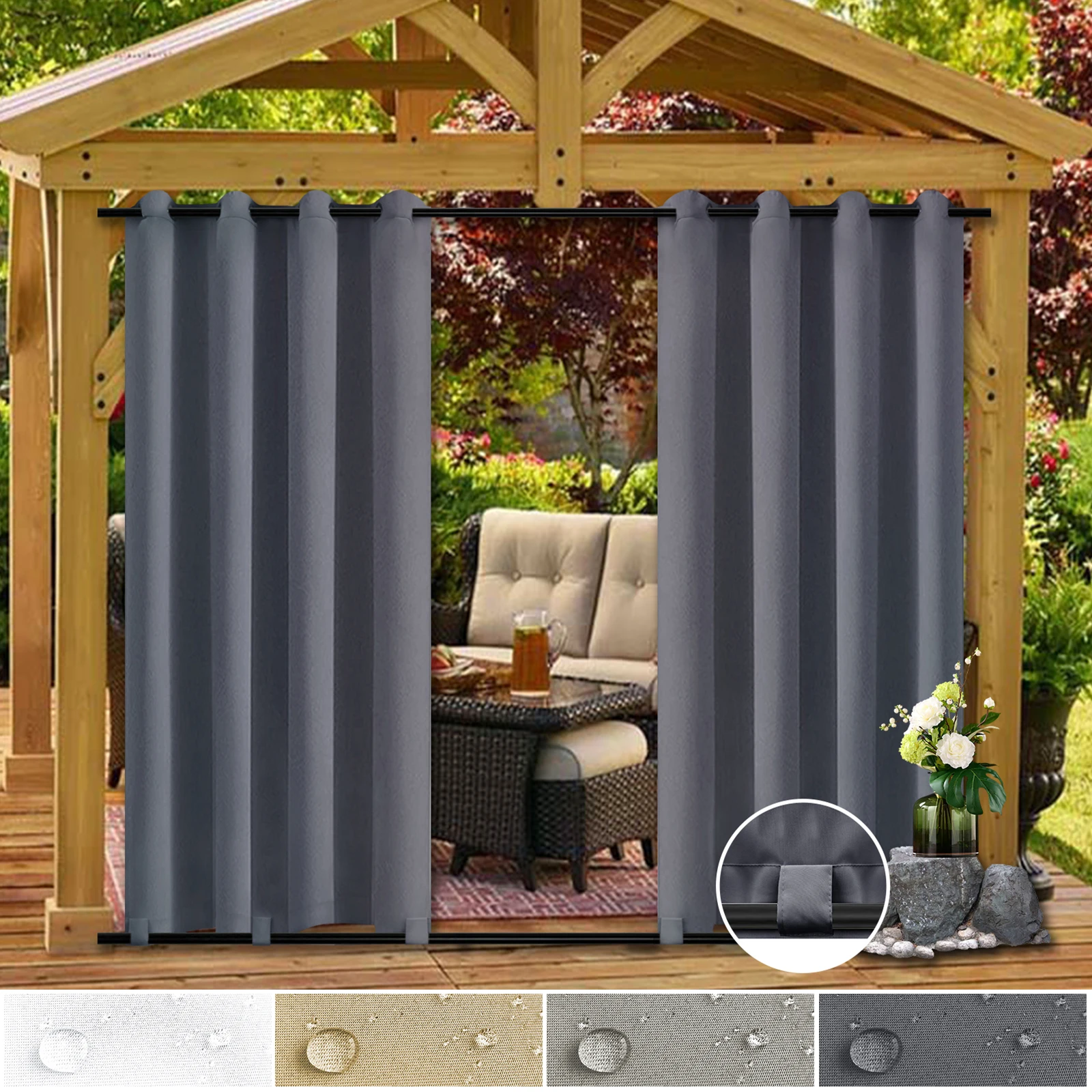 

Waterproof Outdoor Patio Curtains Thermal Insulated Blackout Panels Grommet Tab Window Drapes Garden Pergola Windproof Cortinas