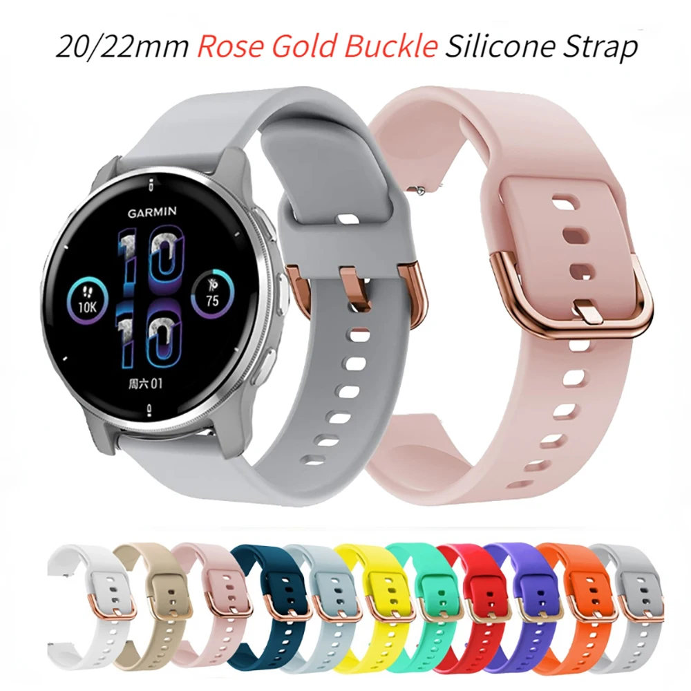 20/22mm For Samsung Galaxy Watch/Active 2 /Amazfit GTR /GTS/GTS2 Rose Gold Buckle Soft Silicone Strap For Huawei Watch 46mm Band