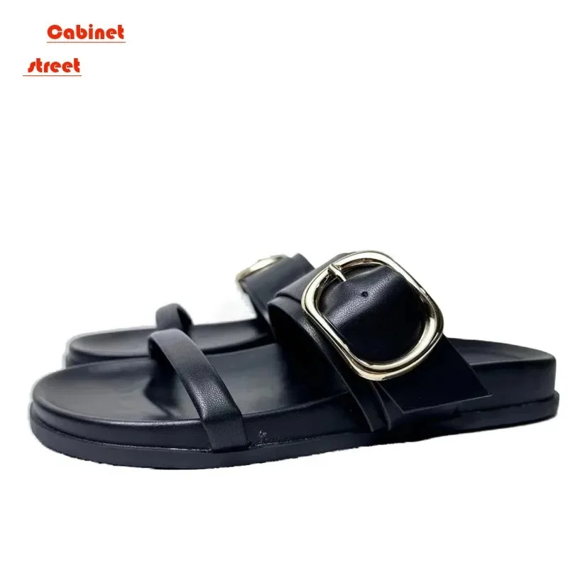 

Brown Metal Buckle Flat Slipper 2024 Women Round Head Open Toe Flatfrom Slppers For Woman Casual Cozy Indoor Thick Sole Shoes