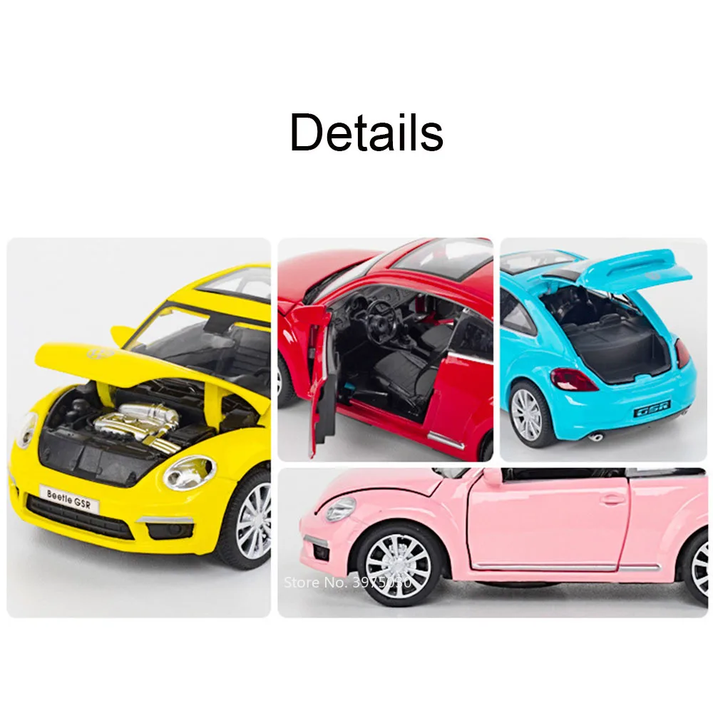 1:32 Alloy Diecast Volkswagen Beetle GSR Toys Cars Models Sound Light Vehicles Wheel Pull Back Miniature Car Kids Festival Gifts