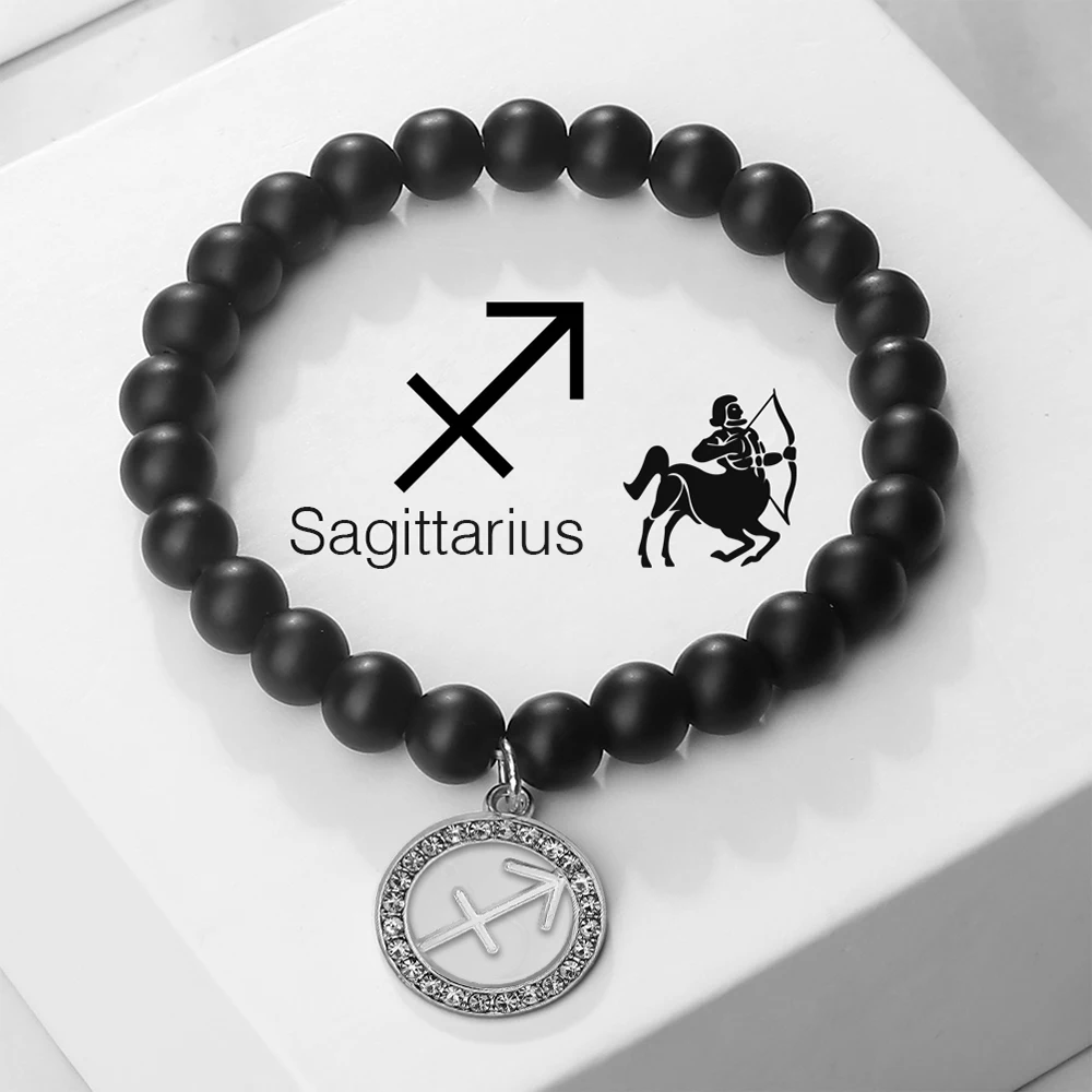 12 Zodiac Signs Constellation Beaded Bracelet Black Onyx Stone Sagittarius Virgo Leo Libra Men Banges Women Friends Gift Jewelry