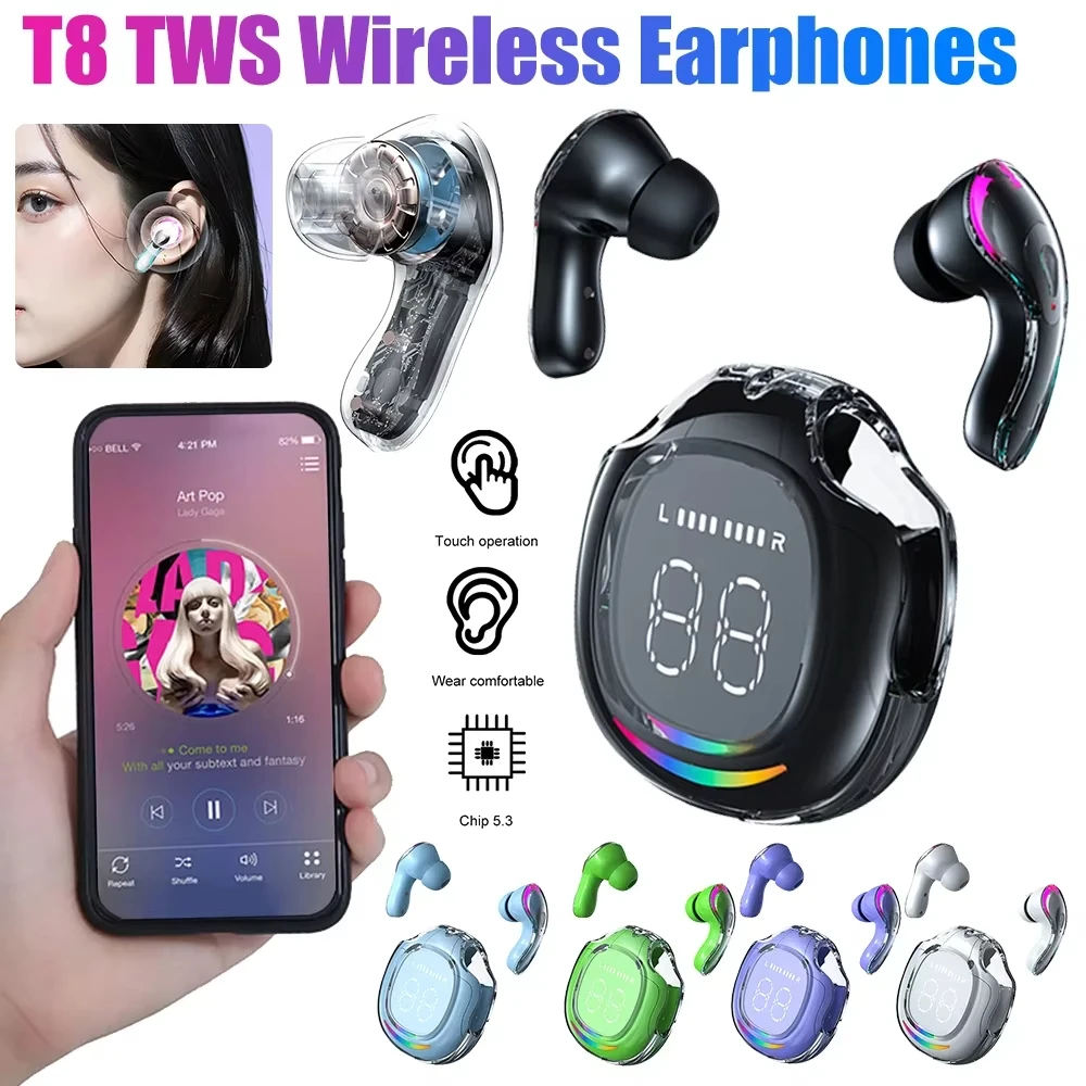 T8 TWS Wireless Earphones Game Headsets Bluetooth Compatible 5.3 LED Power Display Touch Control Charging Wireless Headset