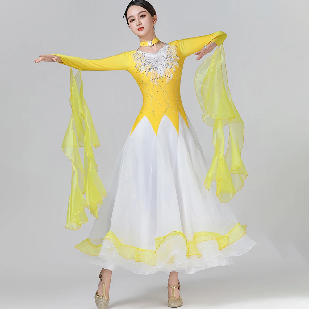 Waltz Ballroom Dress 2024 Fashion Women's Wear Diamond-encrusted Large Swing Swing Rose Red Yellow Friendship Dress